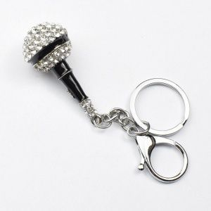 Брелок Микрофон с белыми стразами. Черная эмаль. Цвет стальной.